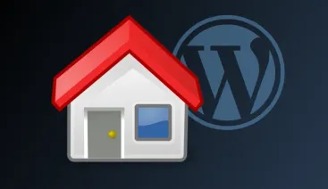 Ilustração de uma casa em formato de vetor com a logo do WordPress projetada no fundo