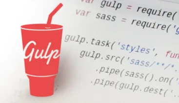 Logo do Gulp por cima de um código JavaScript em Gulp