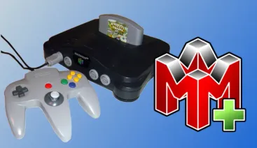 Foto de um Nintendo 64 bits com um controle conectado e a logo do programa Mupen64Plus