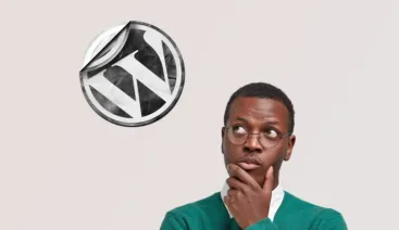 Homem pensativo olhando para a logo do WordPress