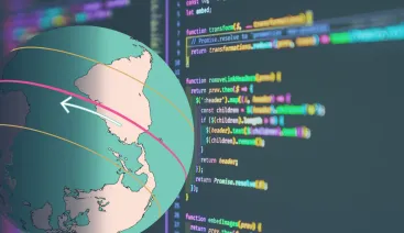 Ilustração de um globo terrestre girando com uma tela de computador com um editor de código ao fundo