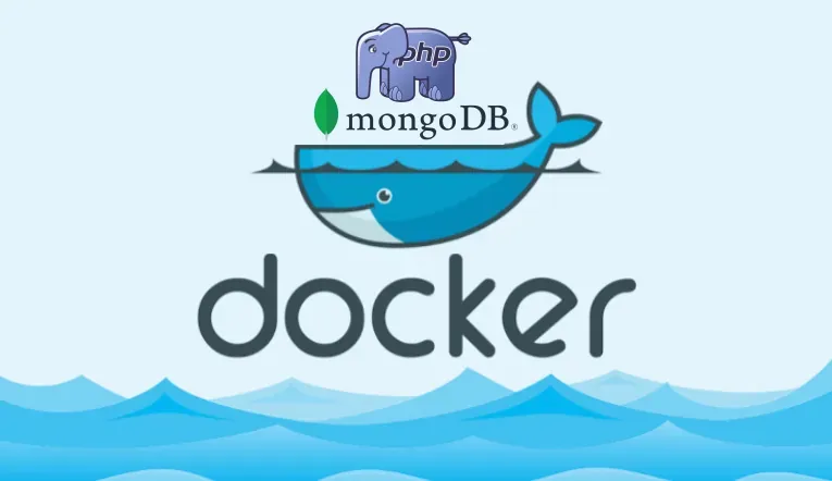 Imagem princial: Logo do Docker carregado as logos do MongoDB e PHP