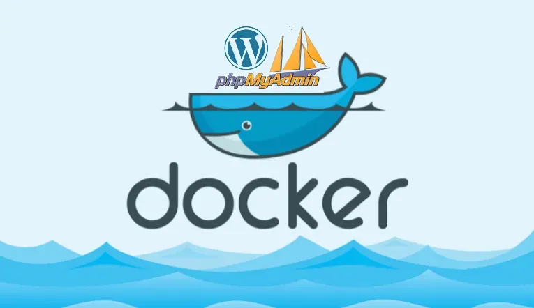 Imagem princial: Logo do Docker carregando as logos do WordPress e phpMyAdmin
