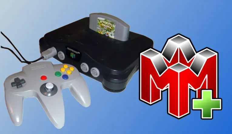 Imagem princial: Foto de um Nintendo 64 bits com um controle conectado e a logo do programa Mupen64Plus