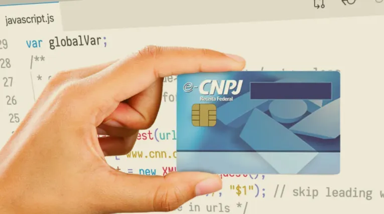 Imagem princial: Foto de uma mão segurando um cartão com o texto 'CNPJ Receita Fereral' estampado